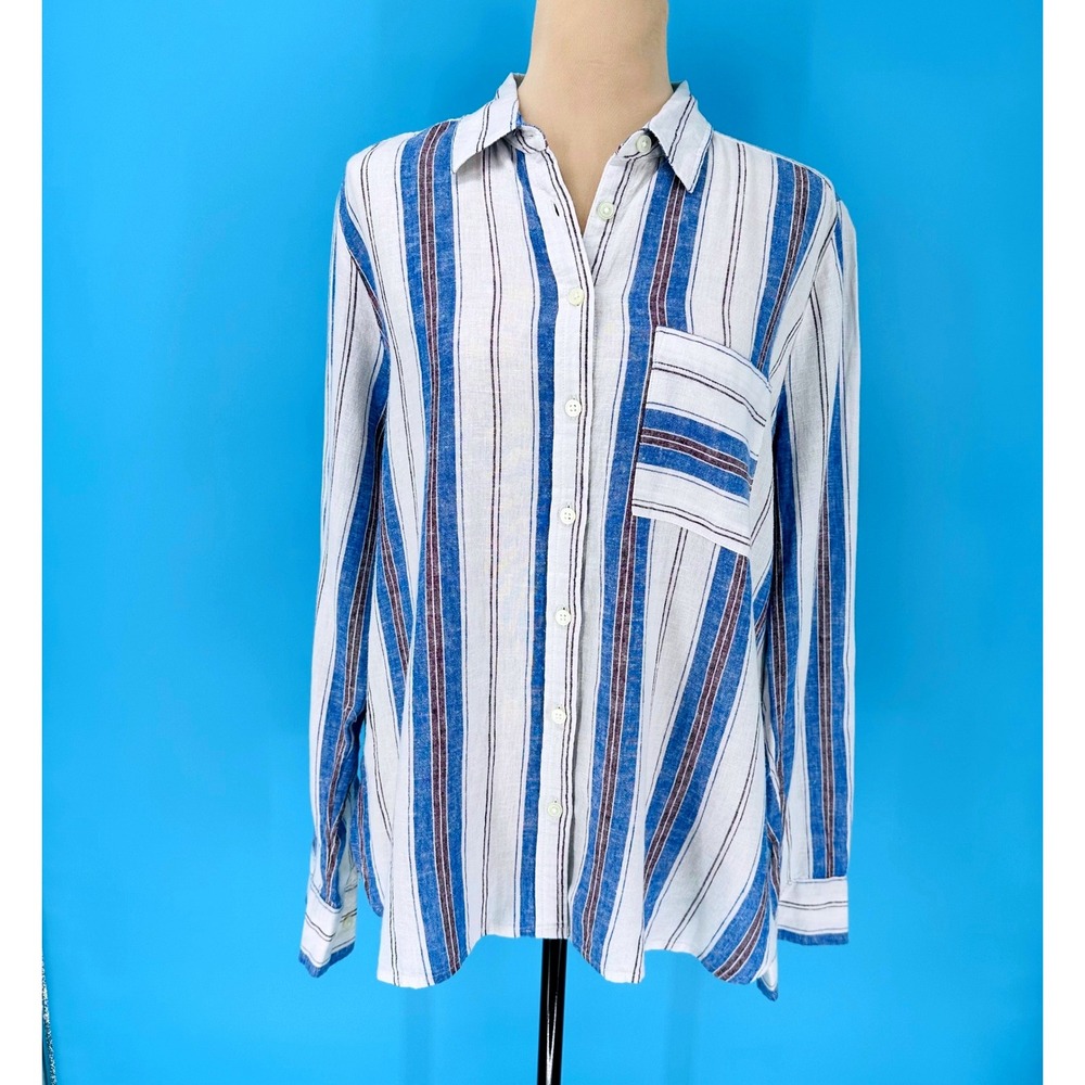 Loft Womens Blue White Striped Linen Blend Button Down Shirt Size M NWT